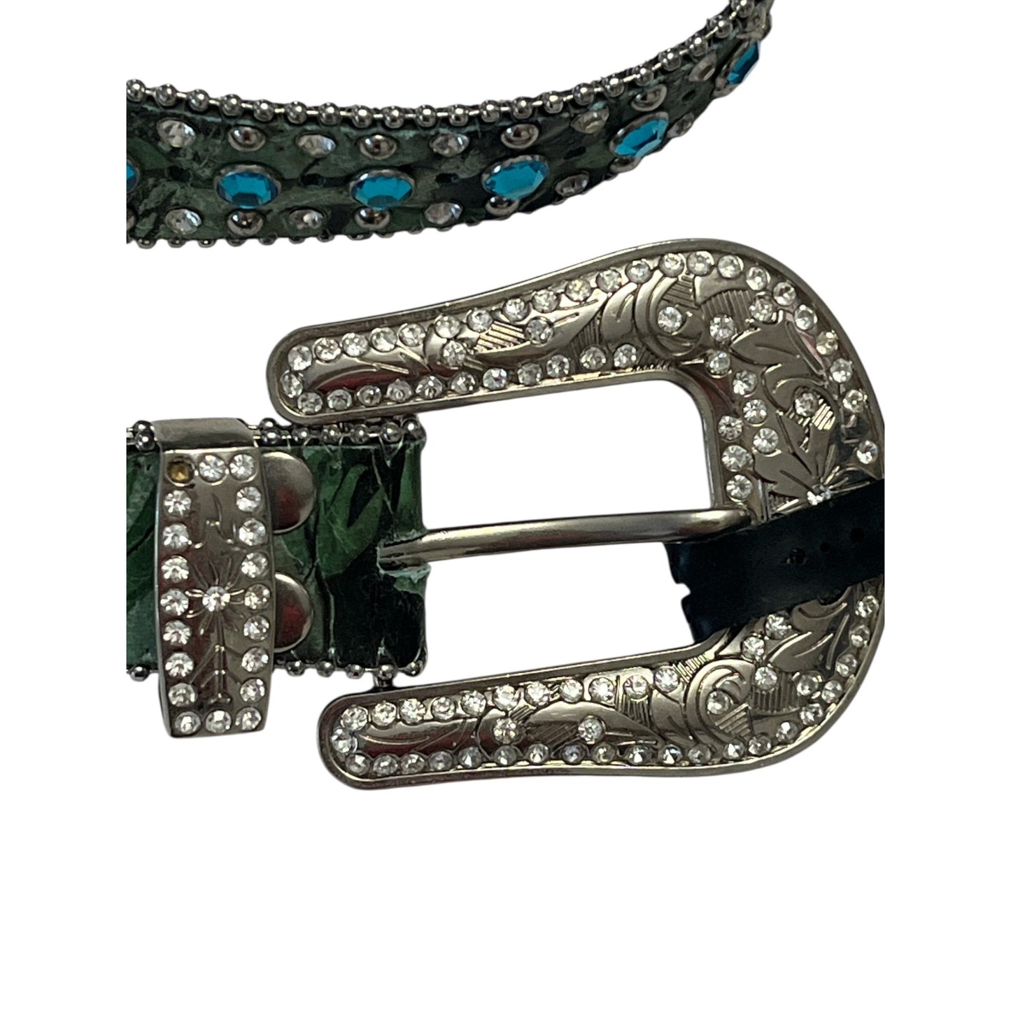NEW w/ Flaws – XS/S Western Leather Belt w/ Turquoise Rhinestone Cross Conchos, 27.5"