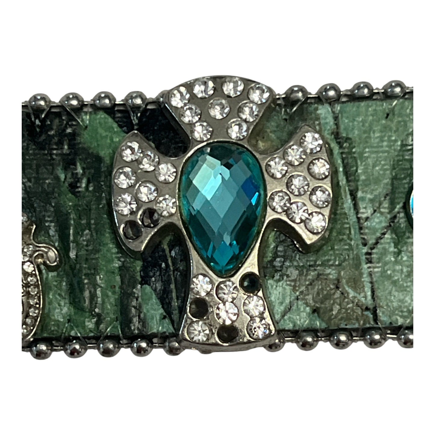 NEW w/ Flaws – XS/S Western Leather Belt w/ Turquoise Rhinestone Cross Conchos, 27.5"