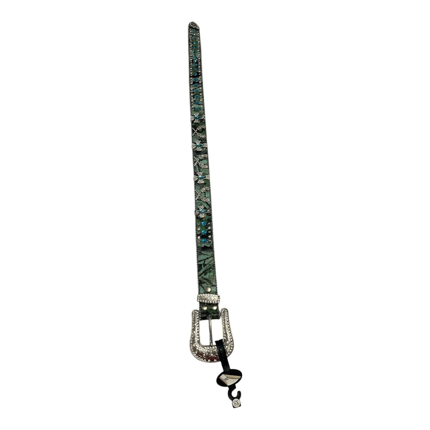NEW w/ Flaws – XS/S Western Leather Belt w/ Turquoise Rhinestone Cross Conchos, 27.5"