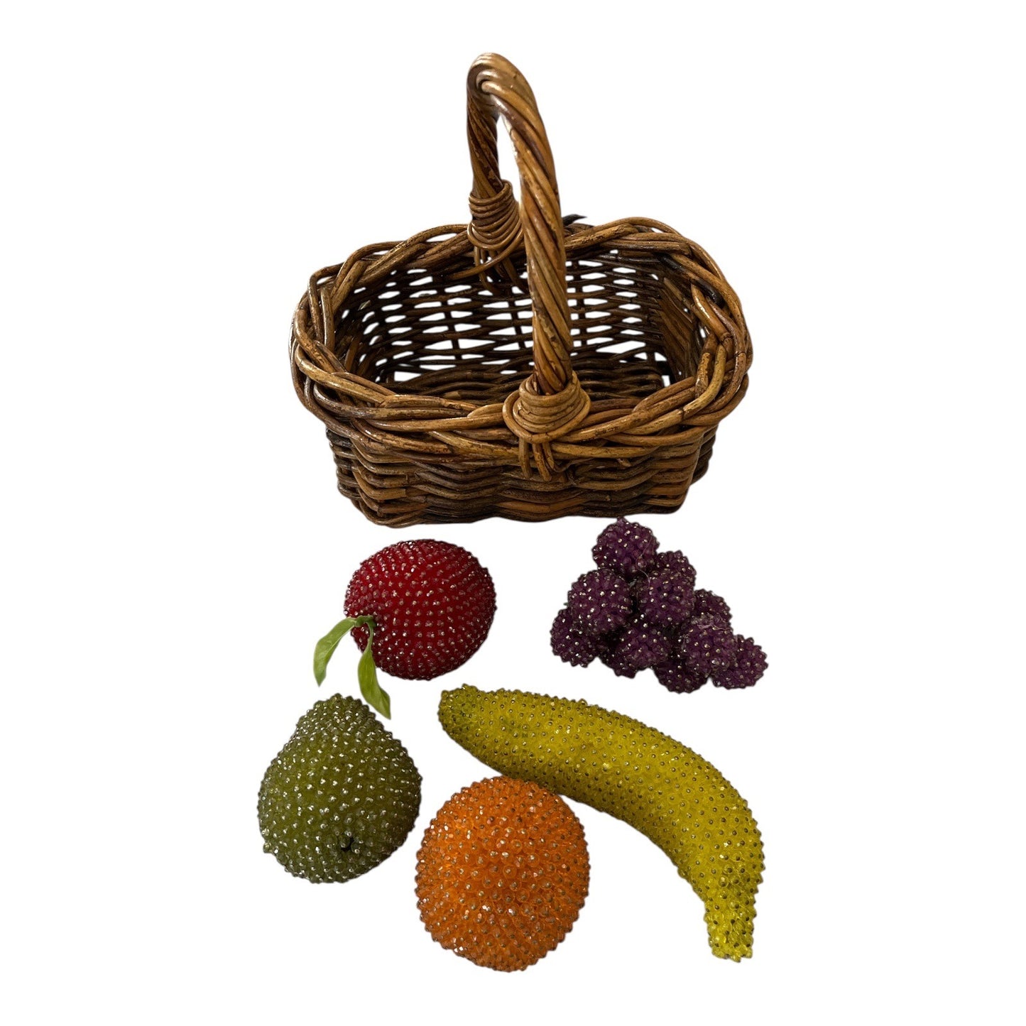 VTG Beaded Faux Fruit Set in Wicker Basket – 6-Piece Decorative Display
