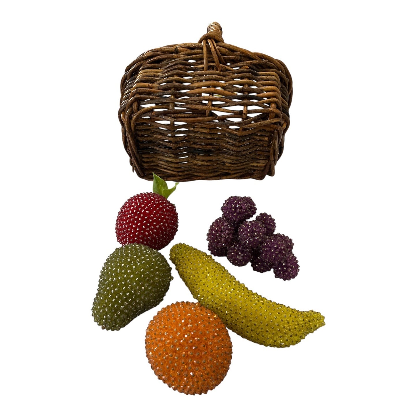 VTG Beaded Faux Fruit Set in Wicker Basket – 6-Piece Decorative Display