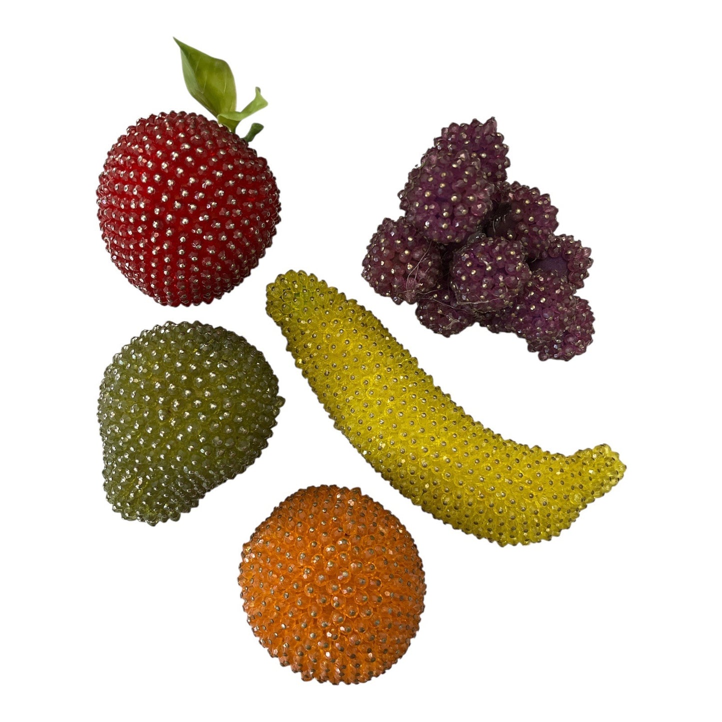VTG Beaded Faux Fruit Set in Wicker Basket – 6-Piece Decorative Display