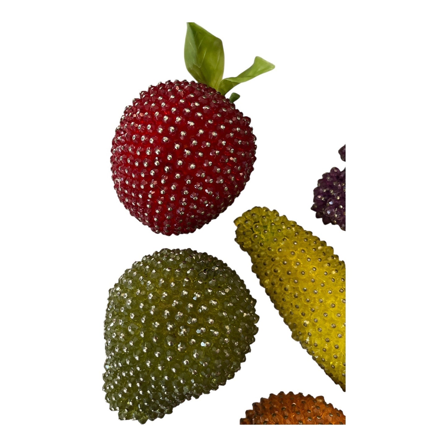 VTG Beaded Faux Fruit Set in Wicker Basket – 6-Piece Decorative Display