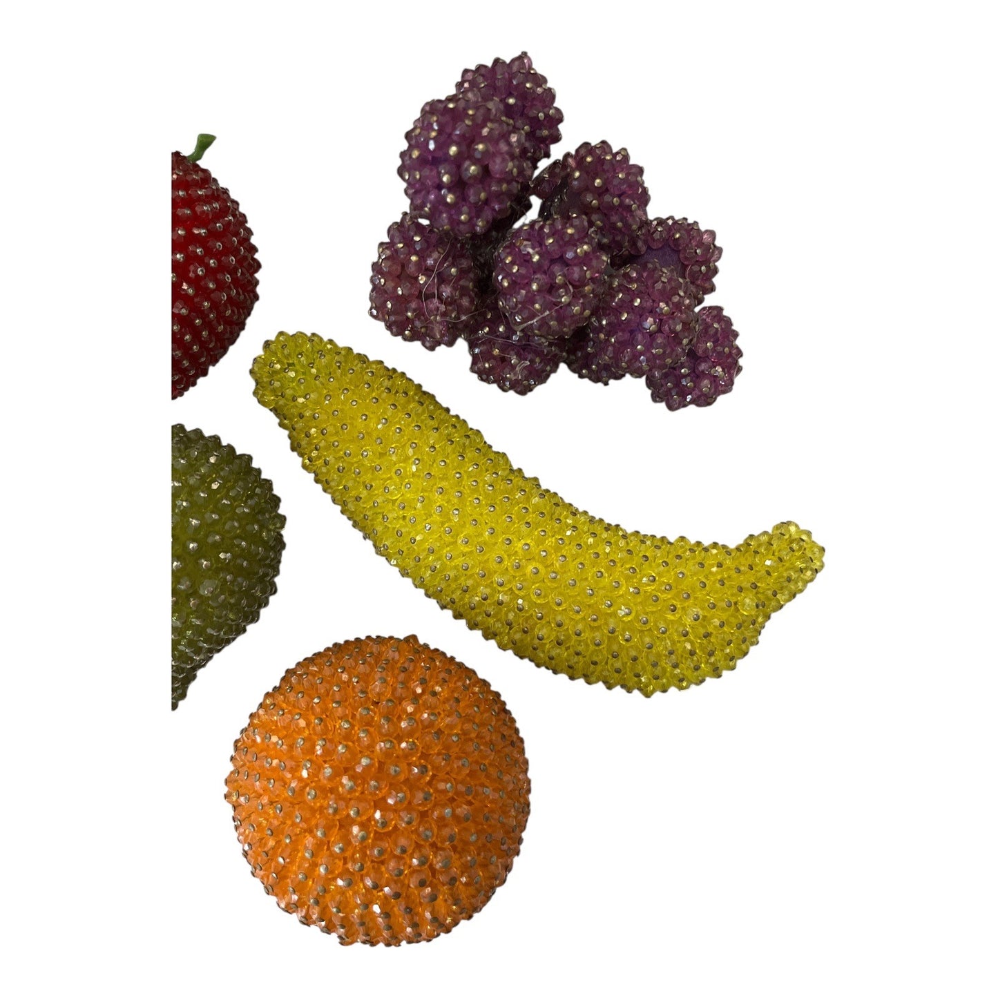 VTG Beaded Faux Fruit Set in Wicker Basket – 6-Piece Decorative Display
