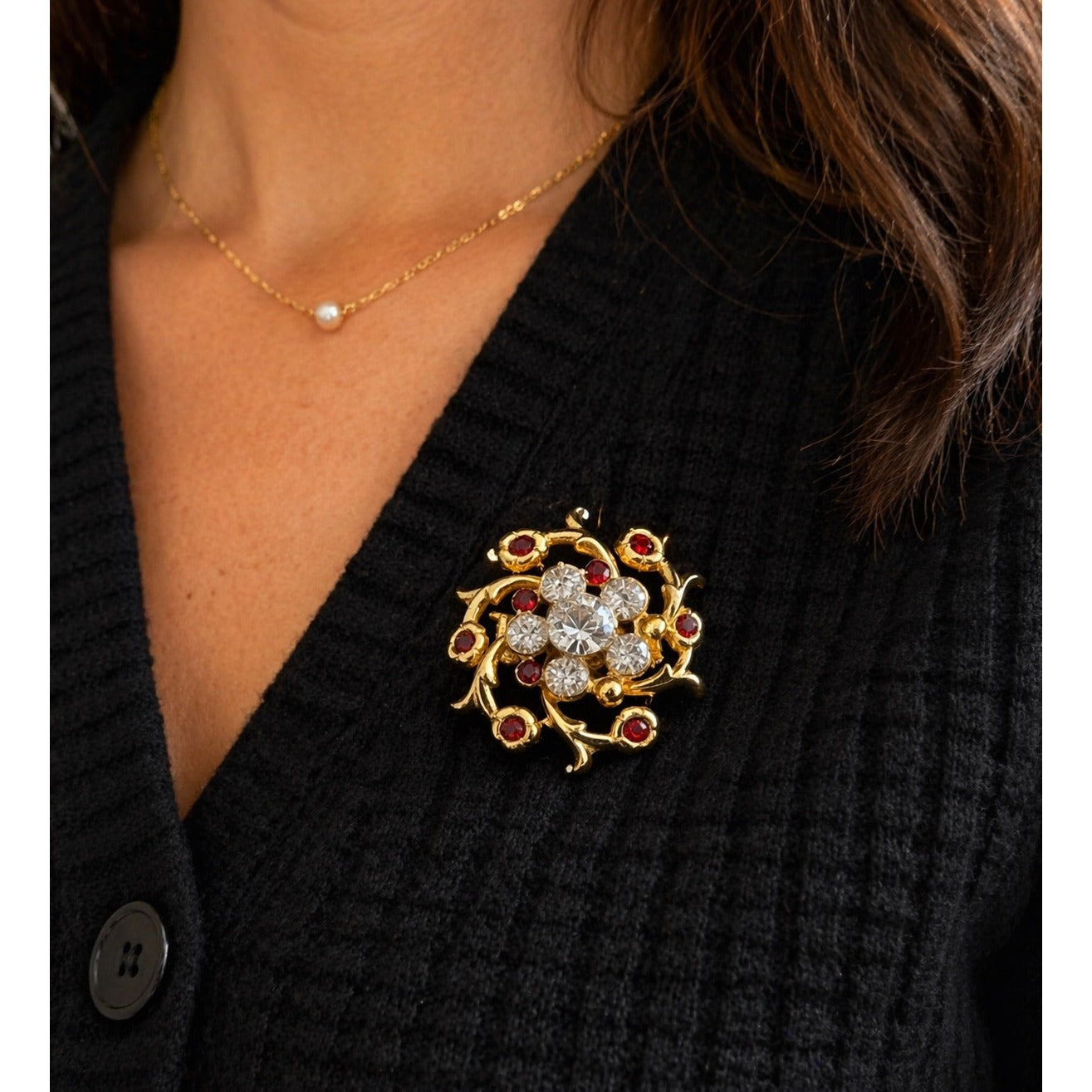 Vintage Gold Tone Floral Rhinestone Brooch Red Clear Crystal Pin Statement