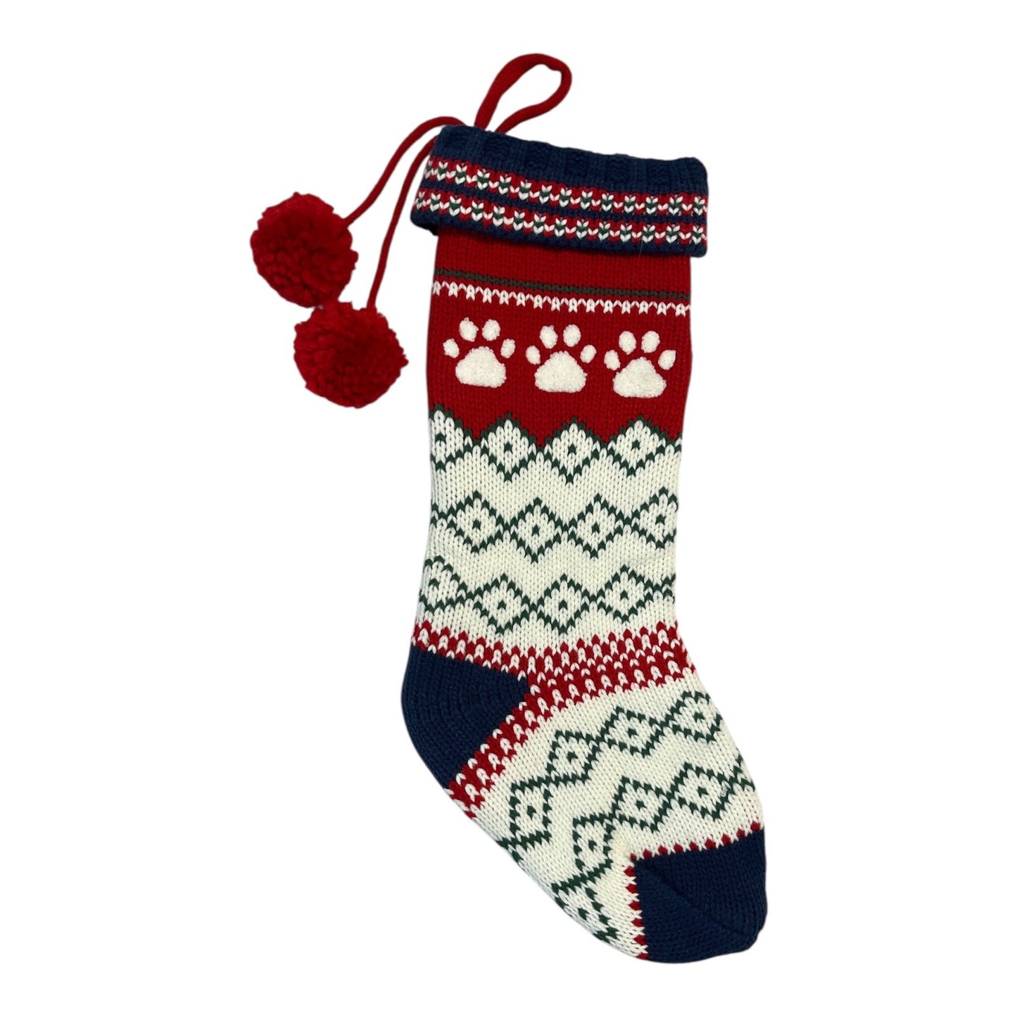 Wondershop Knit Christmas Stocking with Paw Print Design – Red, White & Blue – Pet Holiday Décor