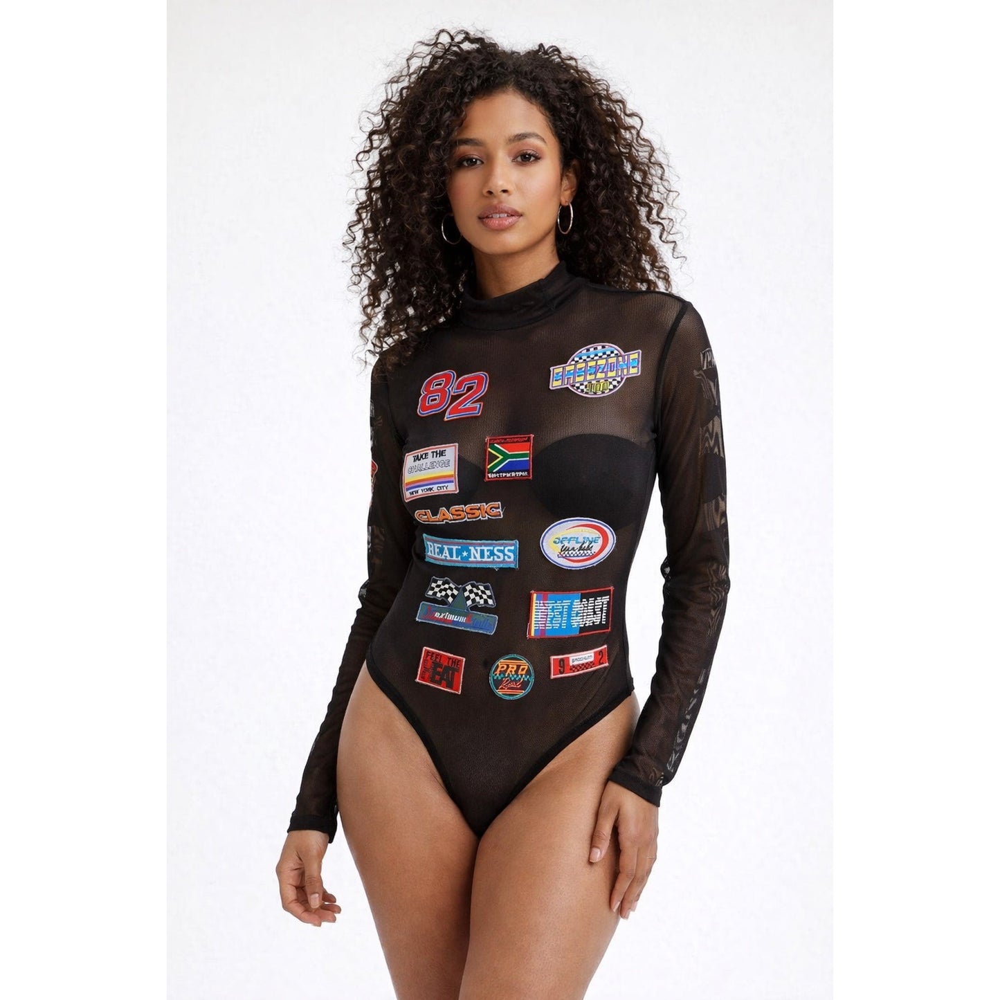 Forever 21 Sheer Mesh Patch Bodysuit Long Sleeve Graphic Racing Style Size L