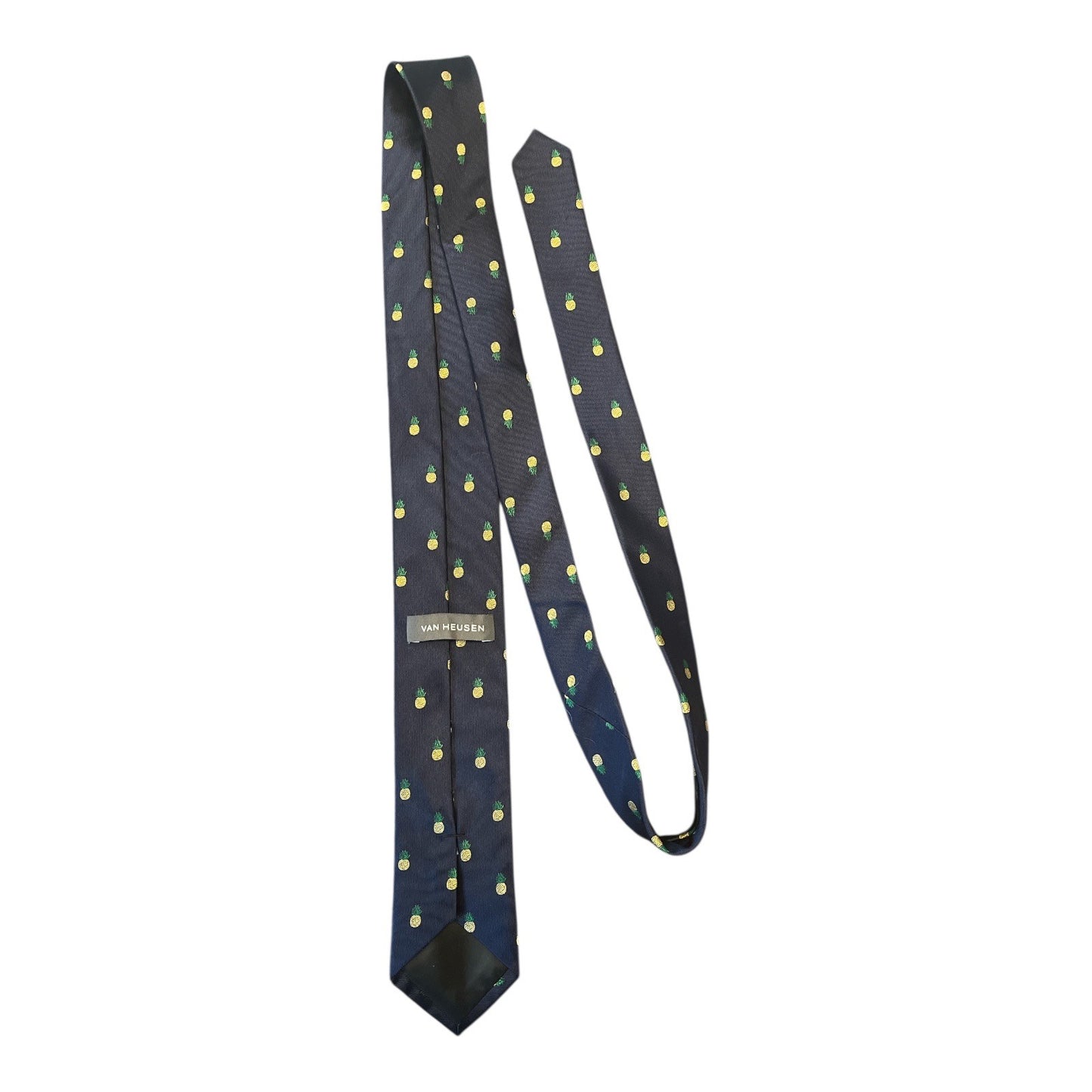 Van Heusen Pineapple Tie – Navy Blue Silk Necktie – 58" – Tropical Novelty Print
