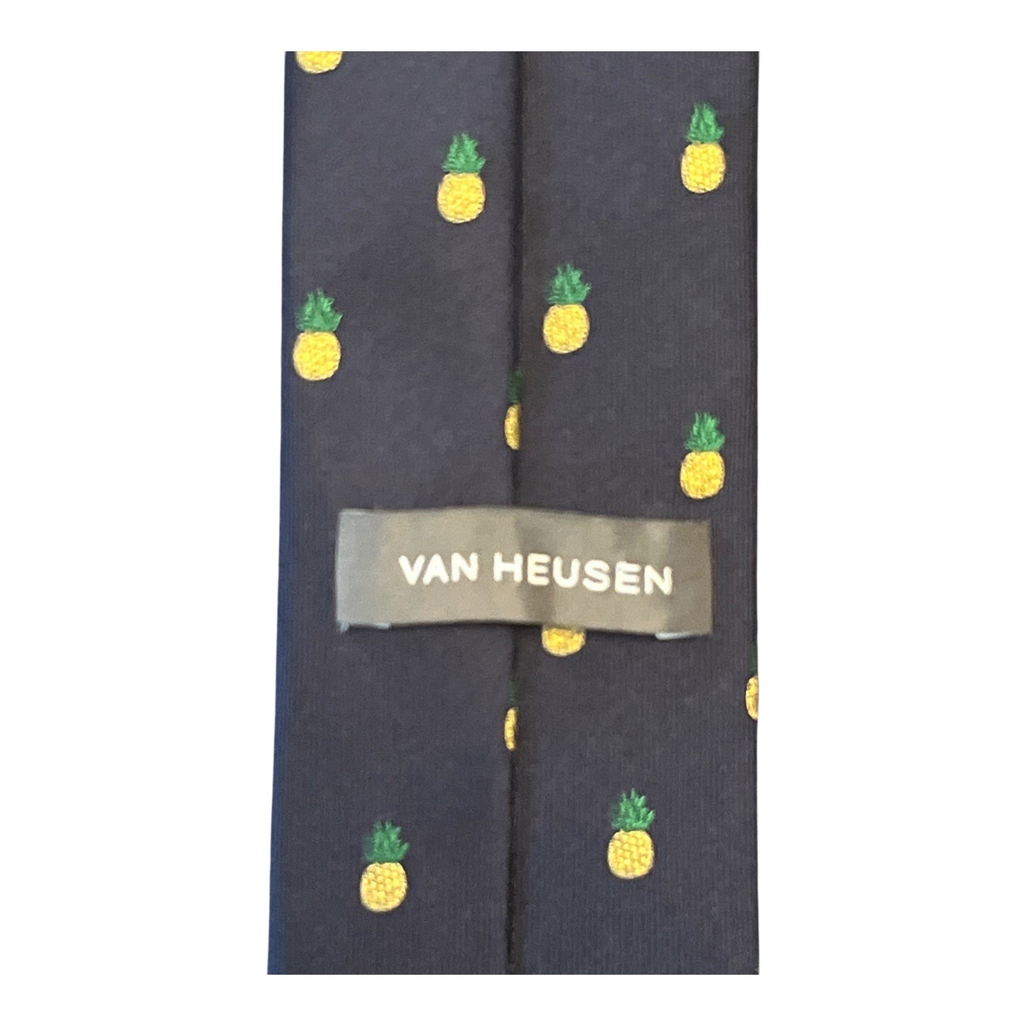 Van Heusen Pineapple Tie – Navy Blue Silk Necktie – 58" – Tropical Novelty Print