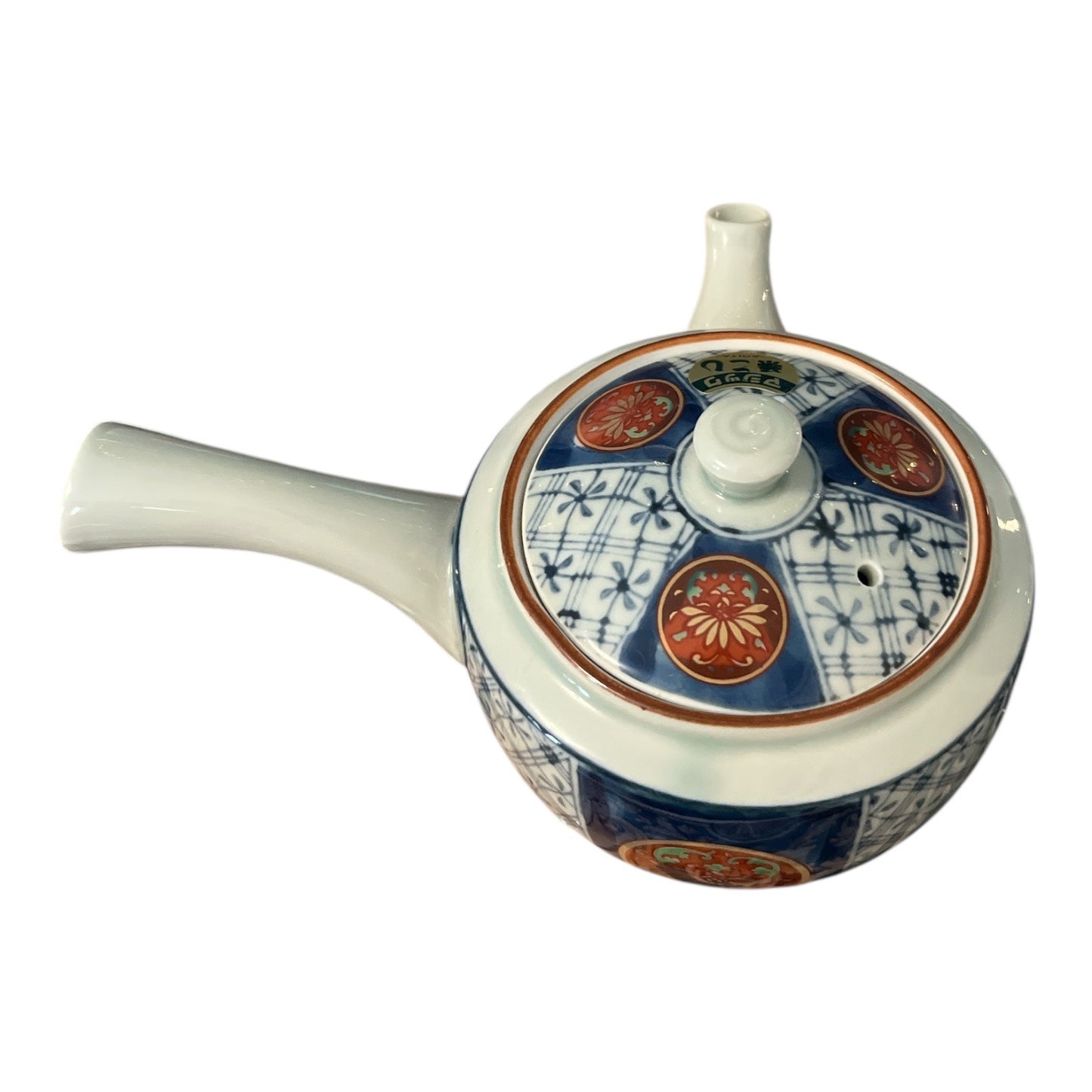 VTG Japanese Arita-yaki Porcelain Teapot with Mesh Strainer | Blue White Red Floral | 7x6x4"