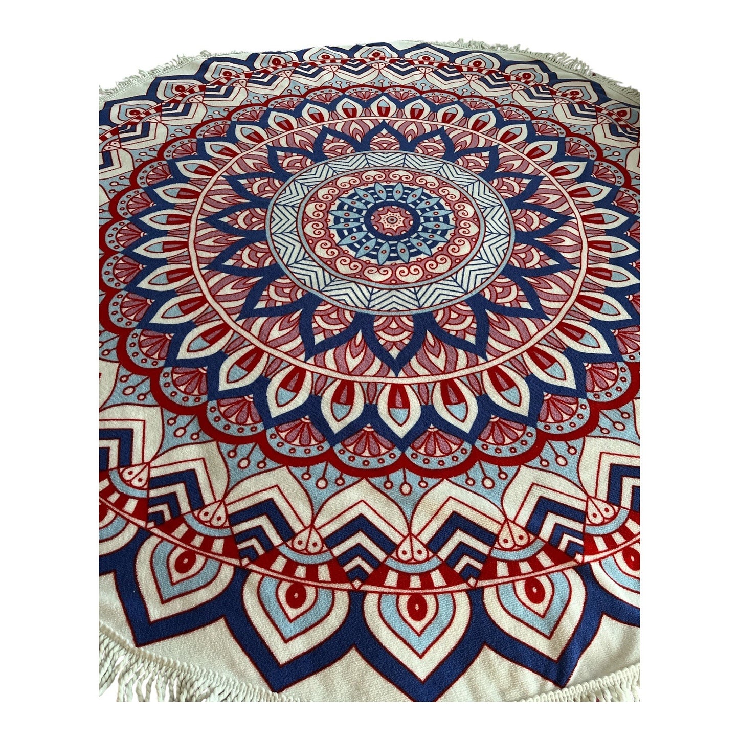NWT Swim by Cacique Lane Bryant Round Mandala Beach Towel – 61” Red White Blue Fringe Boho Festival Blanket