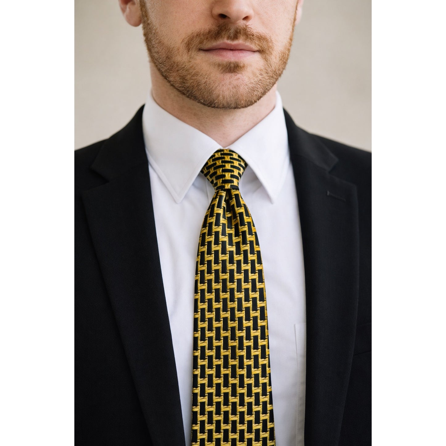 Irish Print Pure Silk Tie Black Gold Geometric Pattern Ireland Vintage