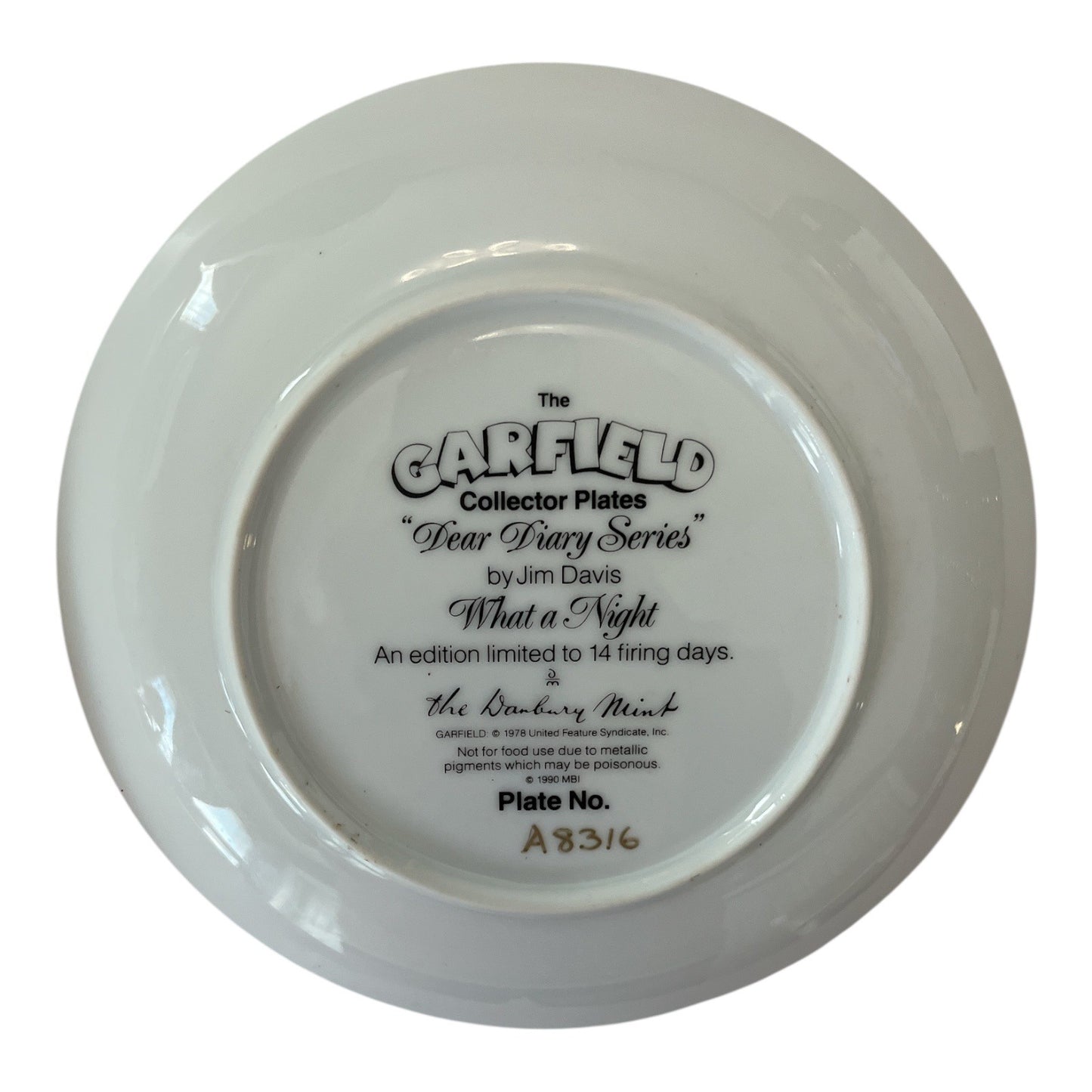 Garfield Collector Plate – “What a Night” – Dear Diary Series – Danbury Mint – Limited to 14 Firing Days