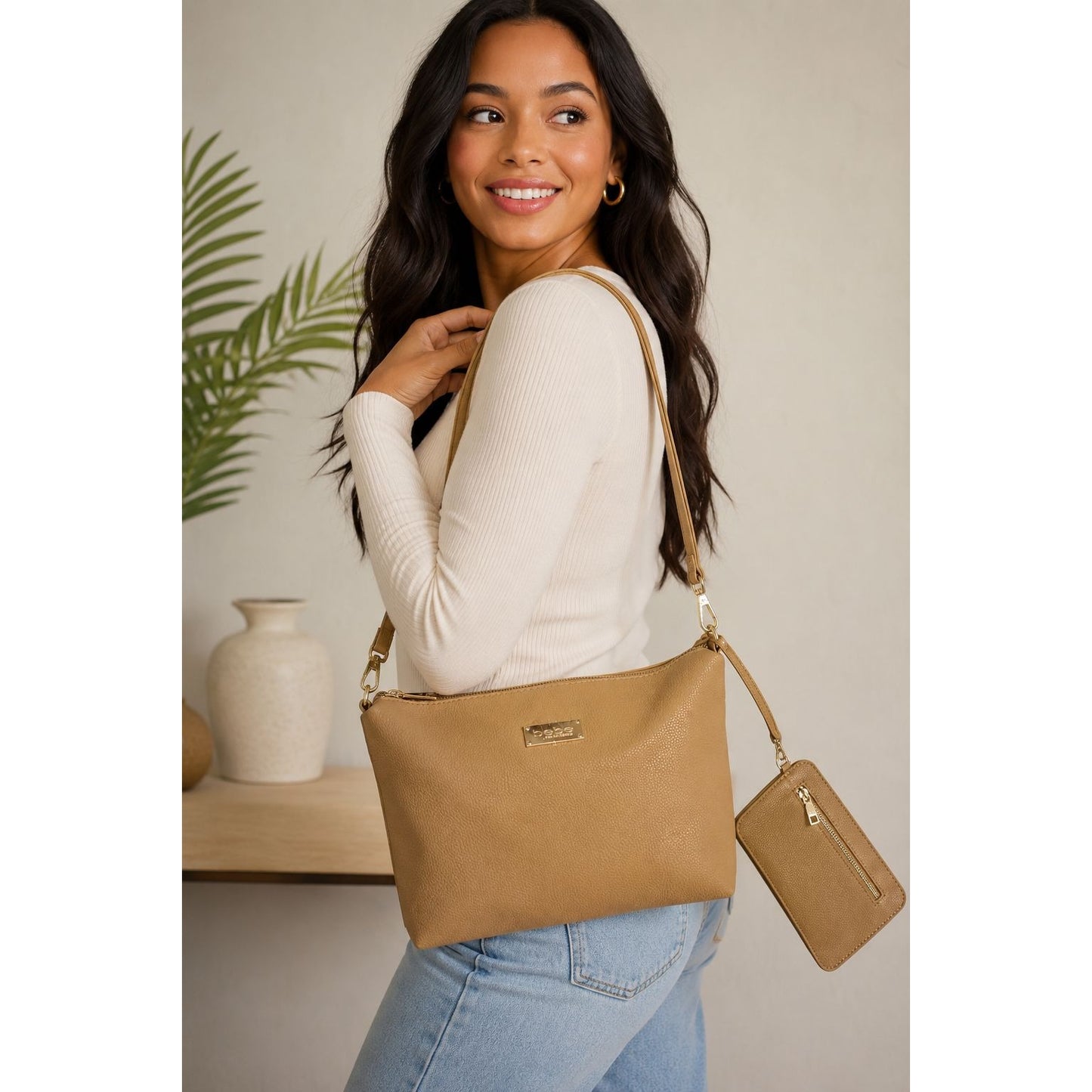 Bebe Tan Pebbled Faux Leather Crossbody Shoulder Bag w/ Removable Zip Pouch