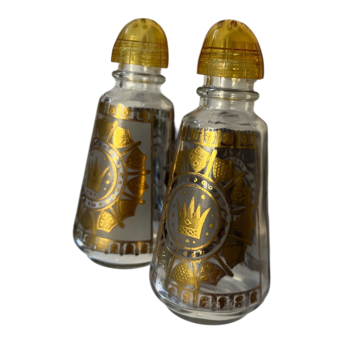 Vintage Anchor Hocking Royal Gold Salt & Pepper Shakers – Mid-Century Crown Design