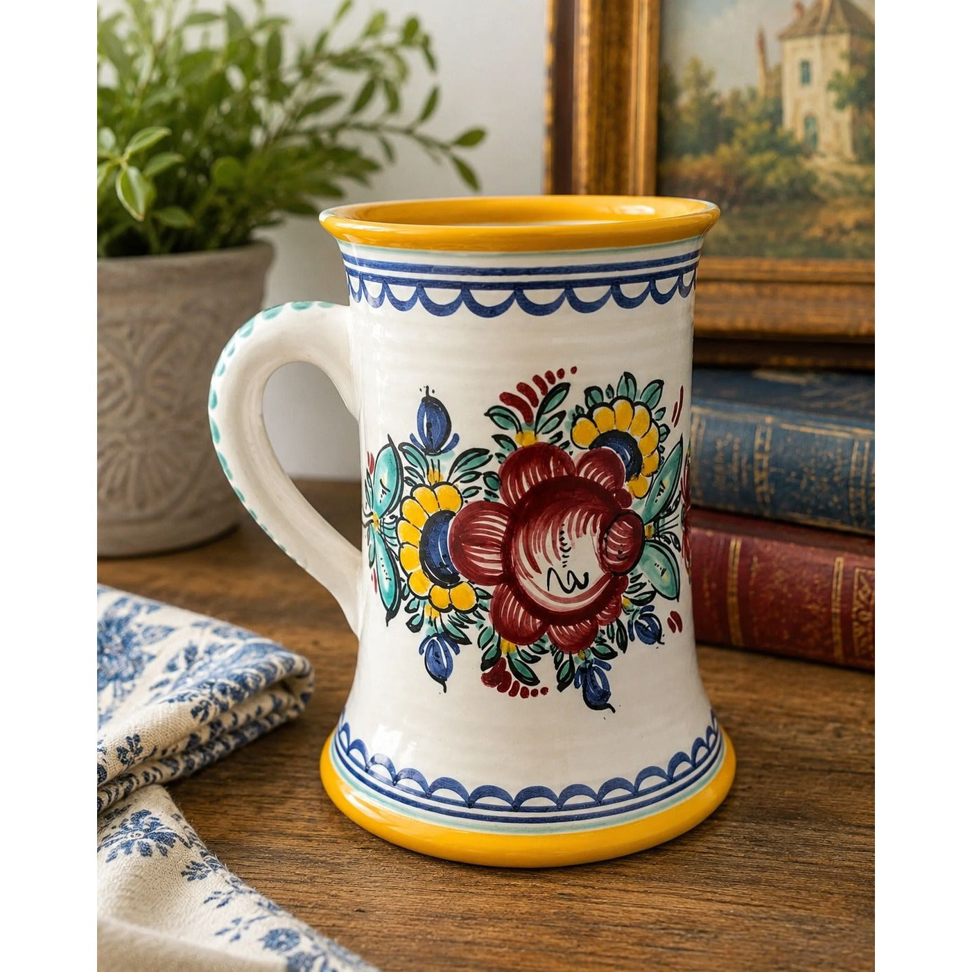 Modra Style Slovak Folk Pottery Floral Tankard Mug Hand Painted Ceramic 1990s 7.5"