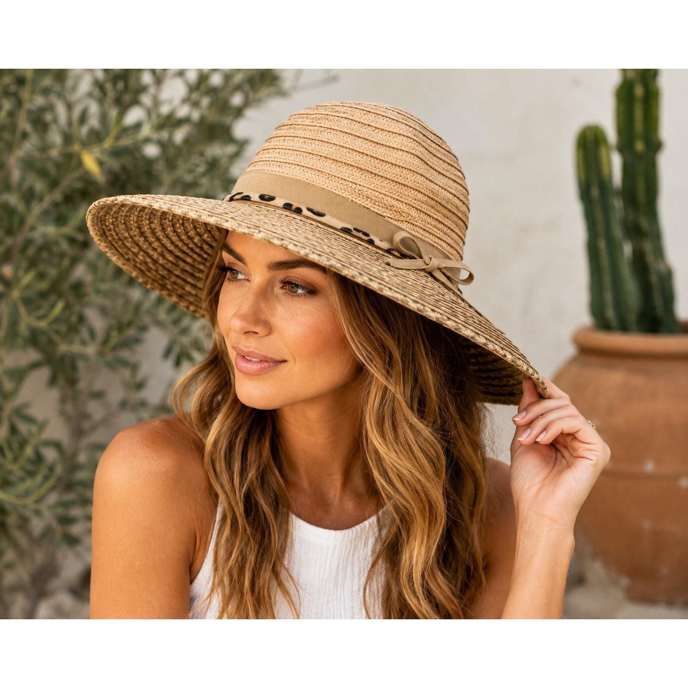 San Diego Hat Company Wide Brim Straw Sun Hat Leopard Accent Women's One Size