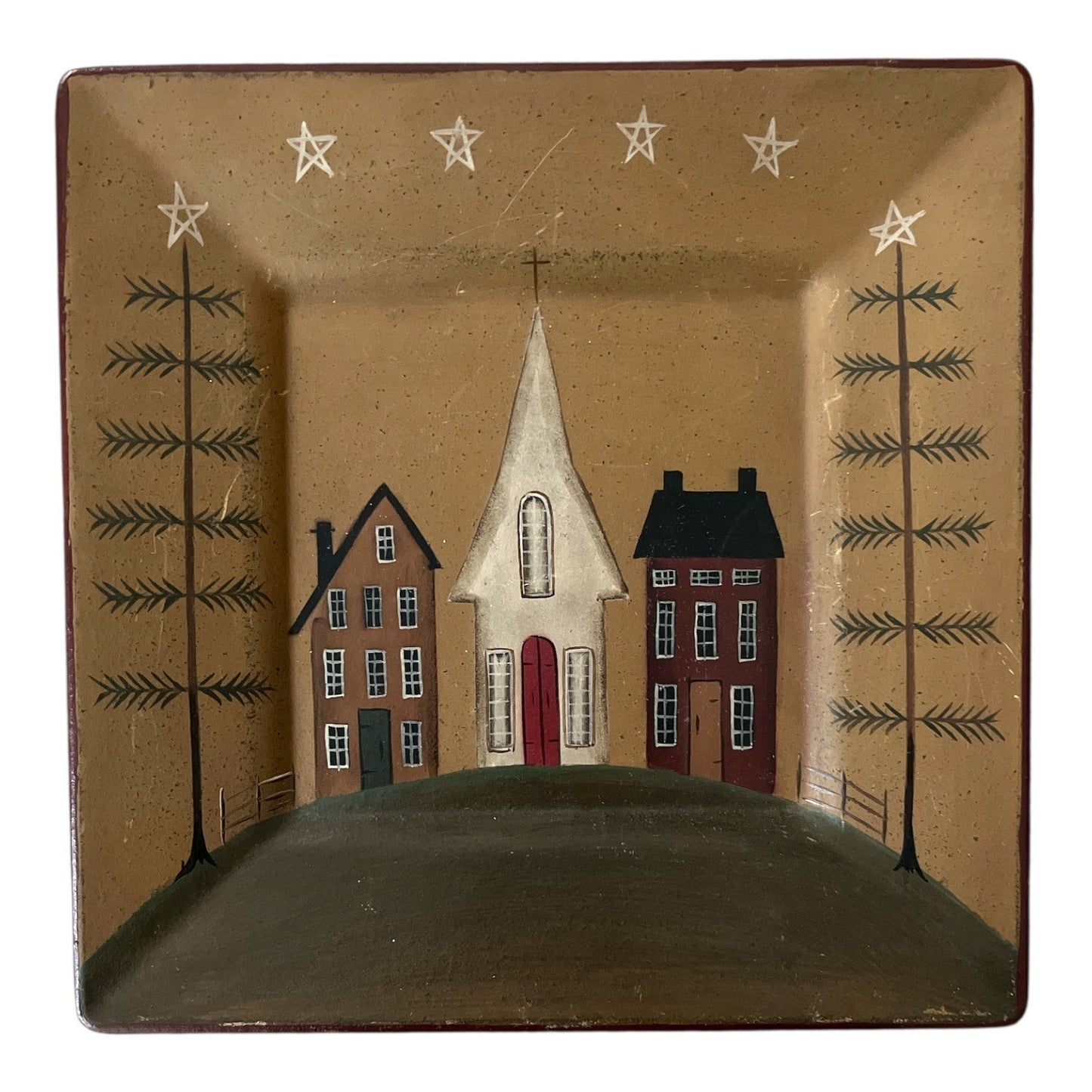 Primitive Hand-Painted Decorative Plate by Donna White – 10" Square – Church & Houses Scene