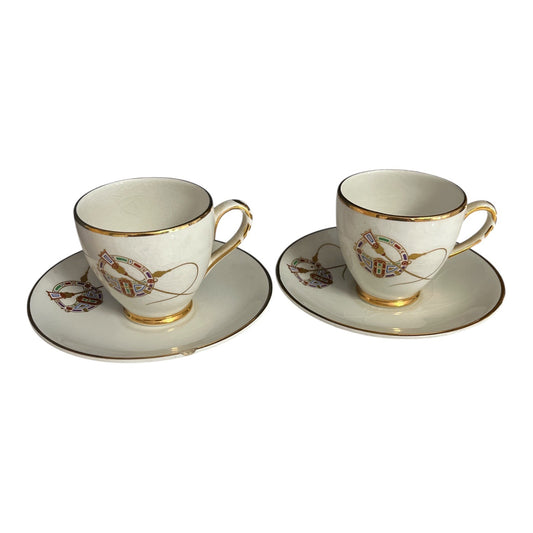 1960s Arklow Ireland Ironstone Demitasse Cups & Saucers – Clock Face Gold Trim – Set of 2 – One Saucer Chip