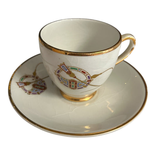 1960s Arklow Ireland Ironstone Demitasse Cups & Saucers – Clock Face Gold Trim – Set of 2 – One Saucer Chip