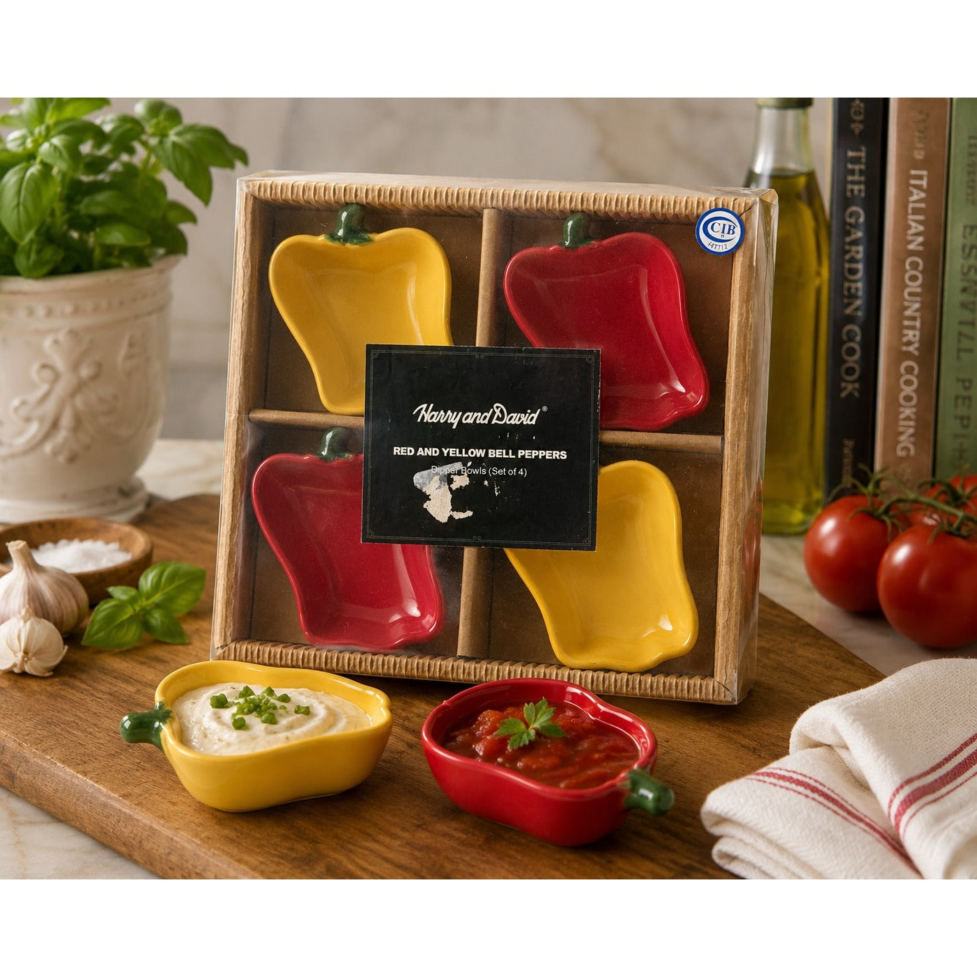 Harry & David Red and Yellow Bell Pepper Ceramic Dipper Bowls Set of 4 New Sealed