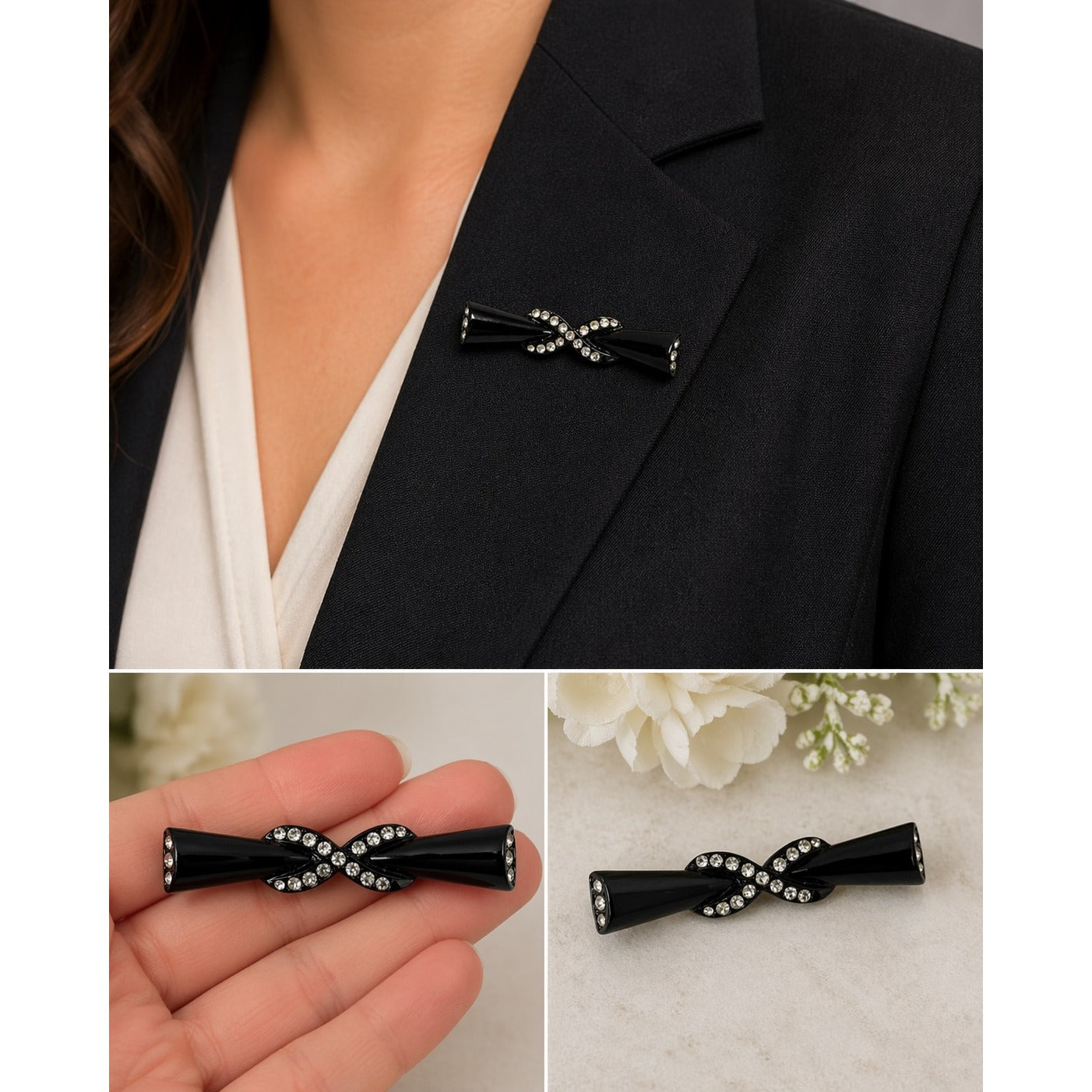 Vintage Black Bow Brooch Rhinestone Pin Art Deco Style Slim Bar Pin Elegant Jewelry