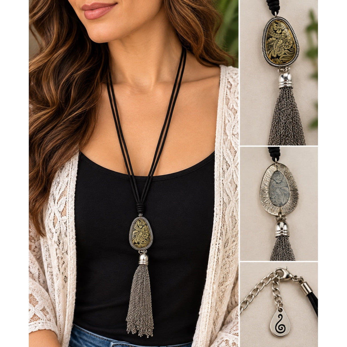 Boho Black Gold Paisley Pendant Necklace Silver Tone Chain Tassel 26”