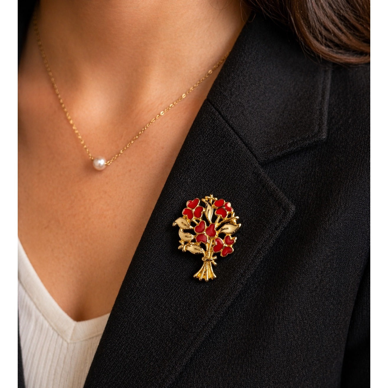 Vintage Gold Tone Red Enamel Flower Bouquet Brooch Floral Pin Statement