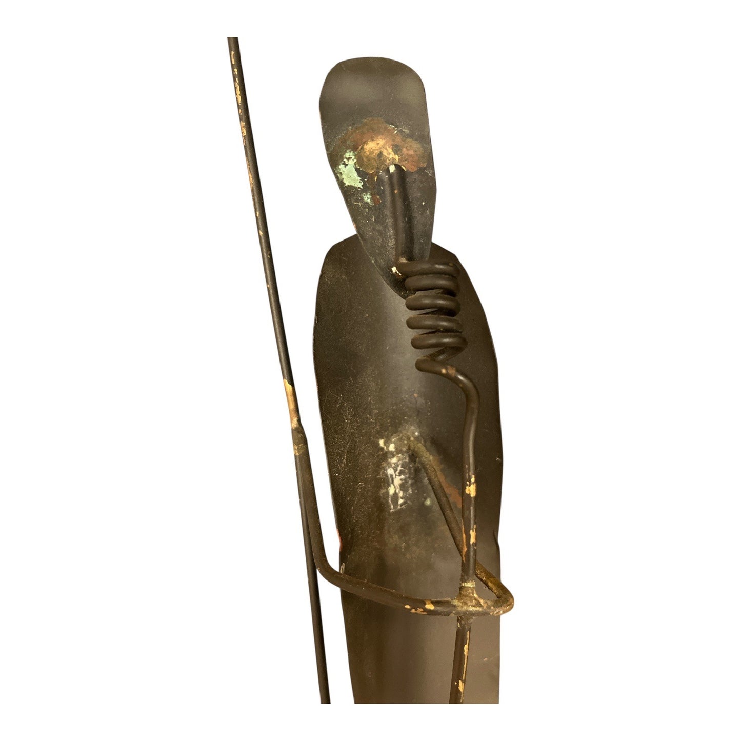 Vintage Brutalist Metal Sculpture – Tribal Figure with Spear – Mid Century Modernist Art