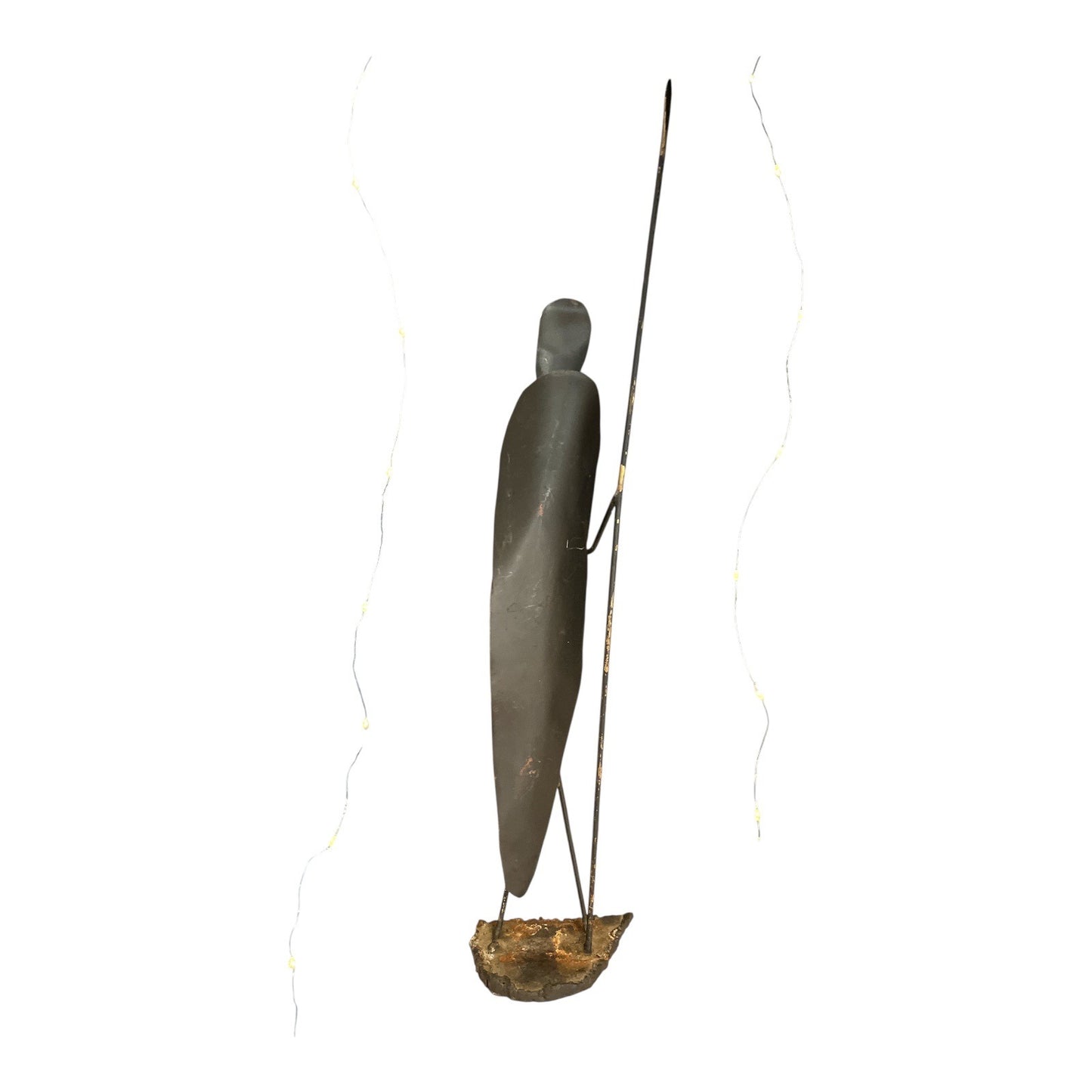 Vintage Brutalist Metal Sculpture – Tribal Figure with Spear – Mid Century Modernist Art