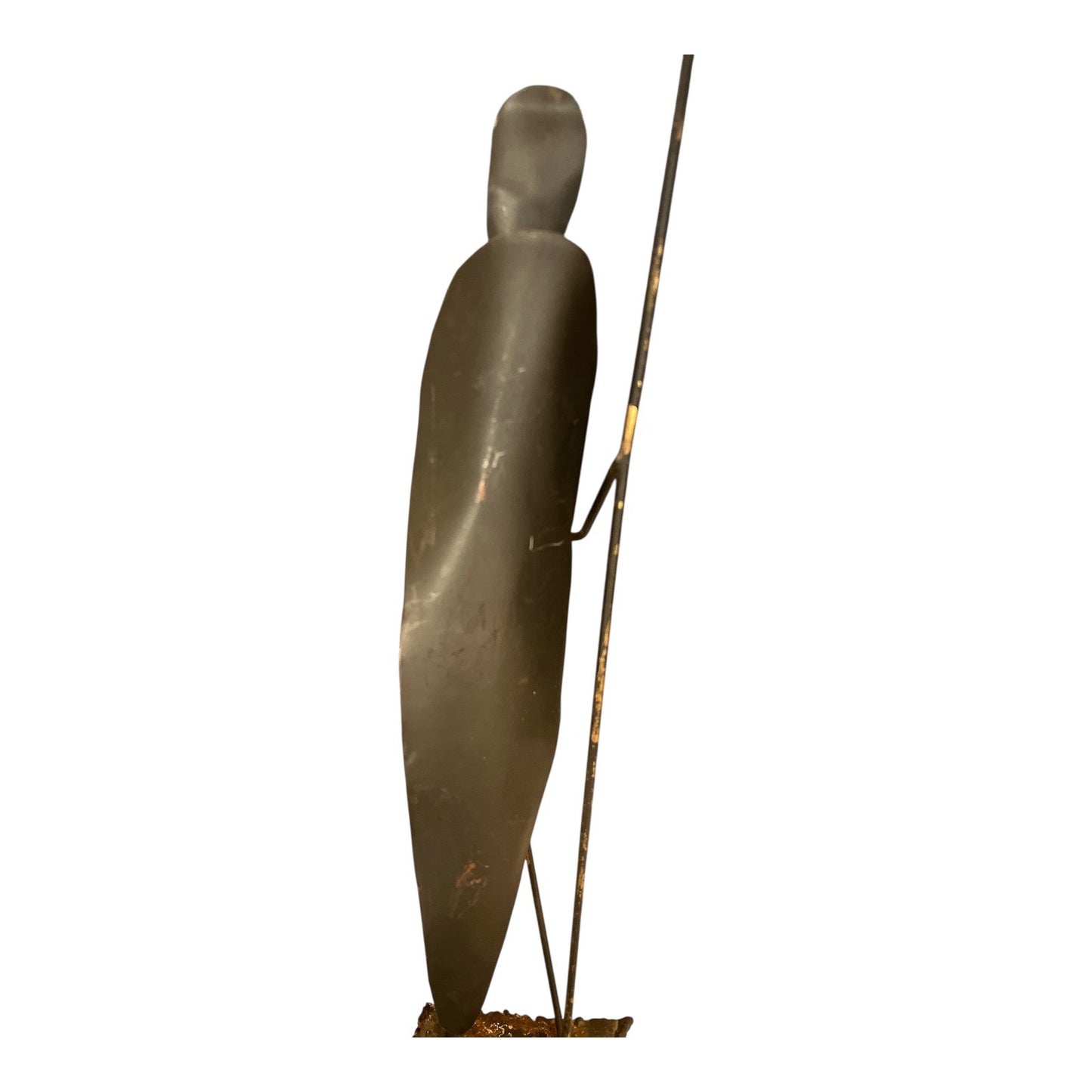Vintage Brutalist Metal Sculpture – Tribal Figure with Spear – Mid Century Modernist Art