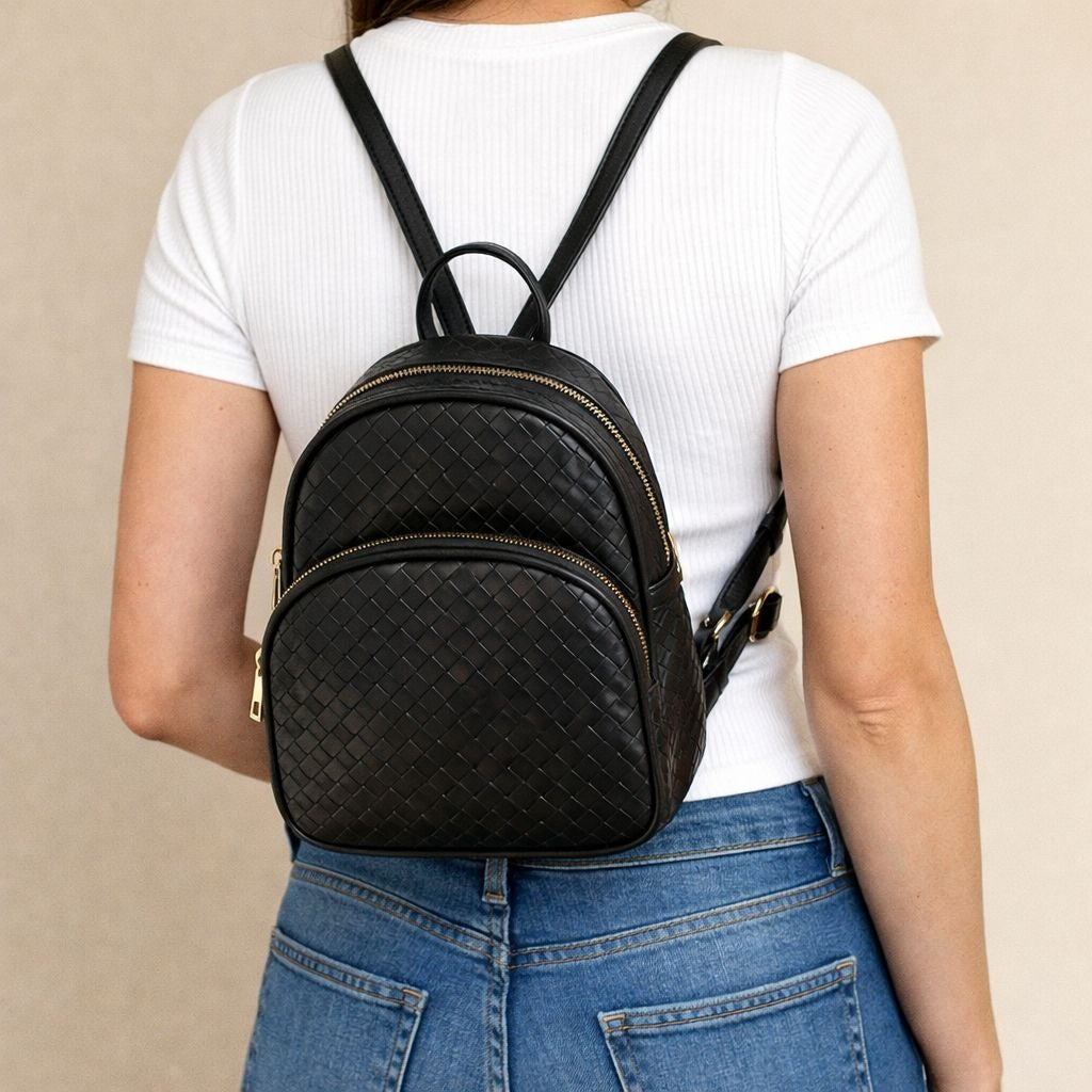 Black Woven Mini Backpack Textured Faux Leather Gold Zip Dual Compartment Purse