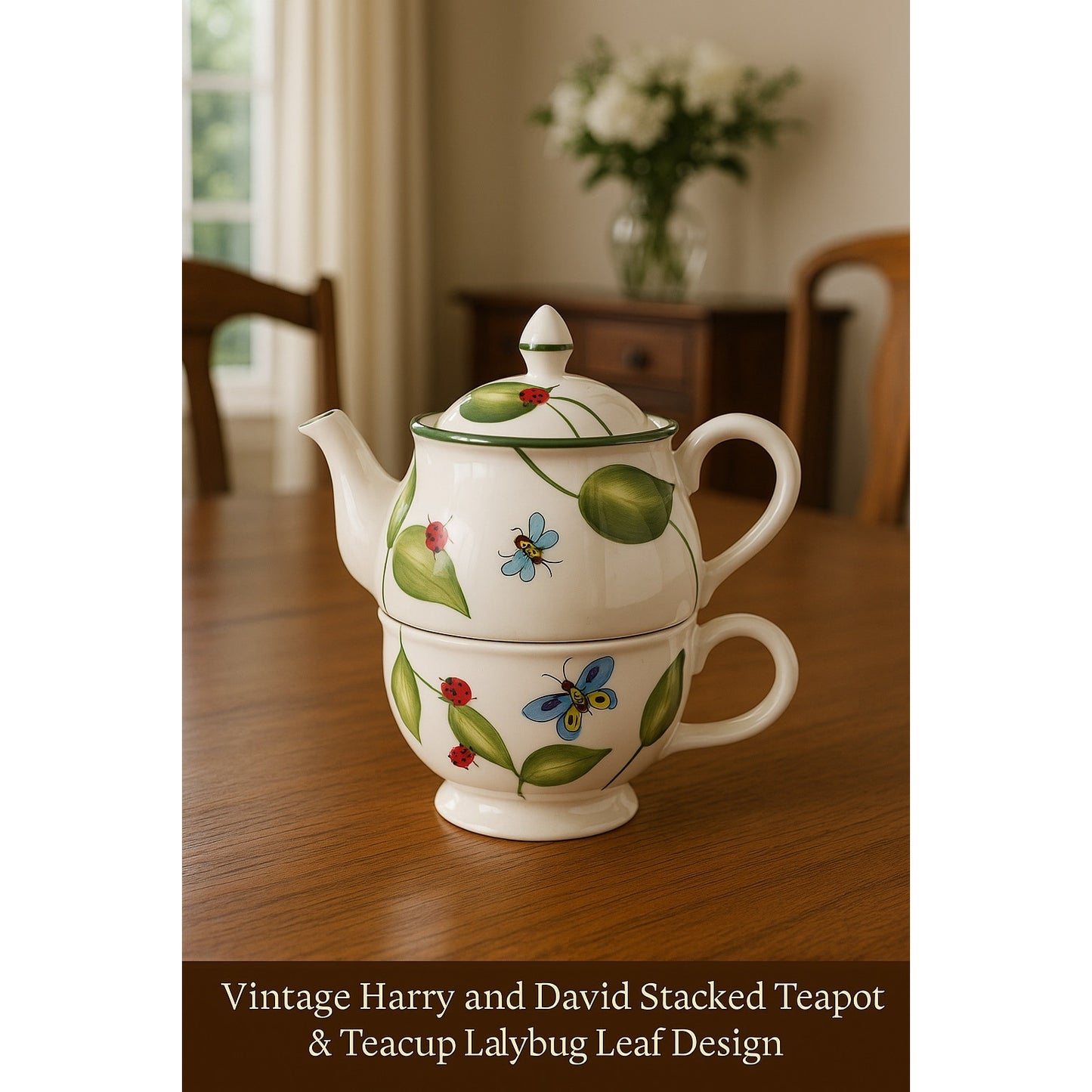 Vintage Harry and David Stacked Teapot & Teacup Ladybug Leaf Design Ceramic