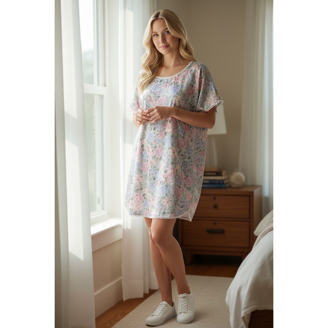 Vintage Pinx Floral Nightgown L Made in USA Pastel Lounge Sleep Dress