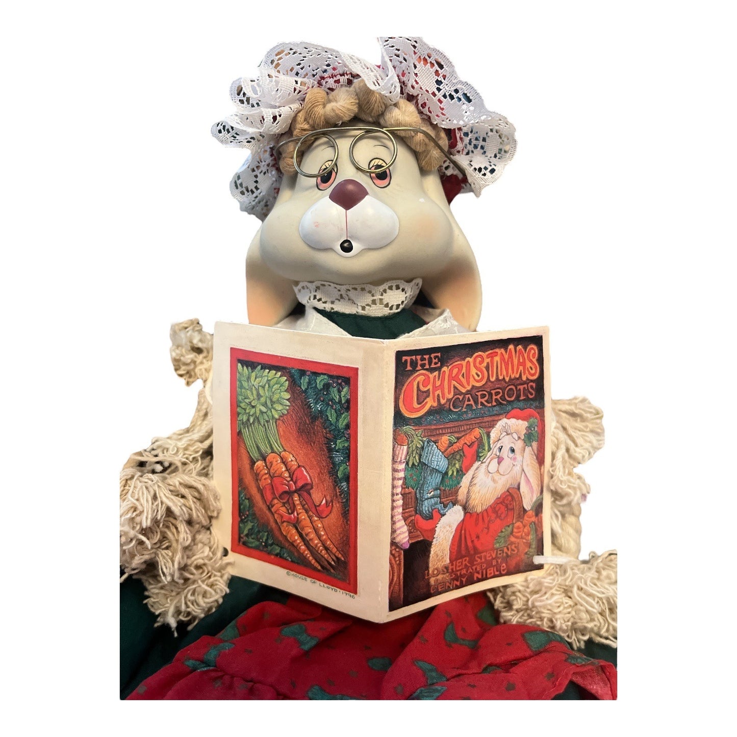 Vintage 1996 House of Lloyd Bunny Couple – Grandpa Lloyd & Grandma TL Toys with Book – 15” Christmas Plush Figures with Porcelain Heads