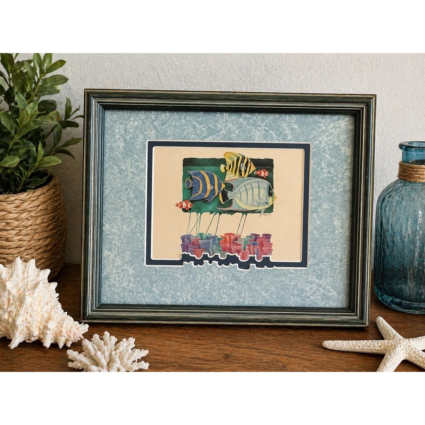 Vintage Framed Tropical Fish Print Signed Illegible Artist 9x11 Coastal Art
