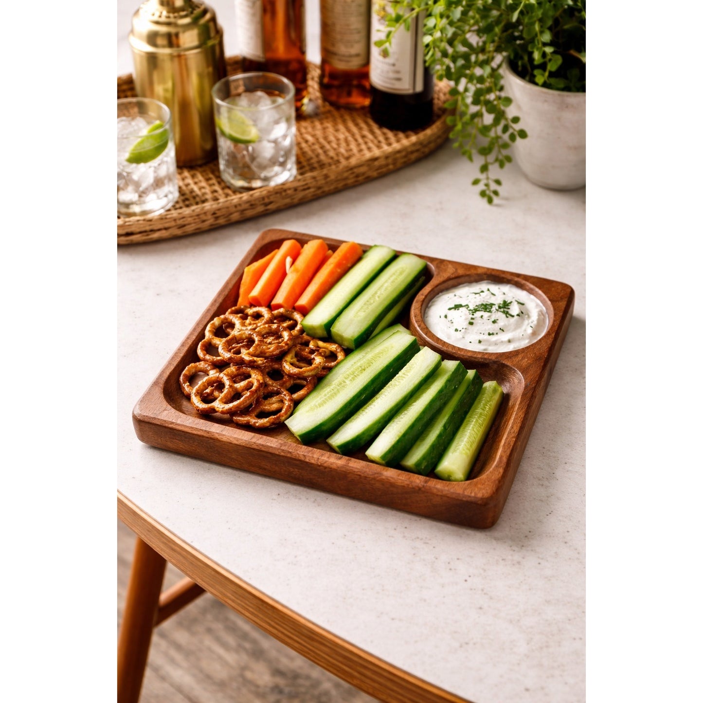 Vintage Dolphin Teakwood Snack Tray with Integrated Dip Bowl Thailand