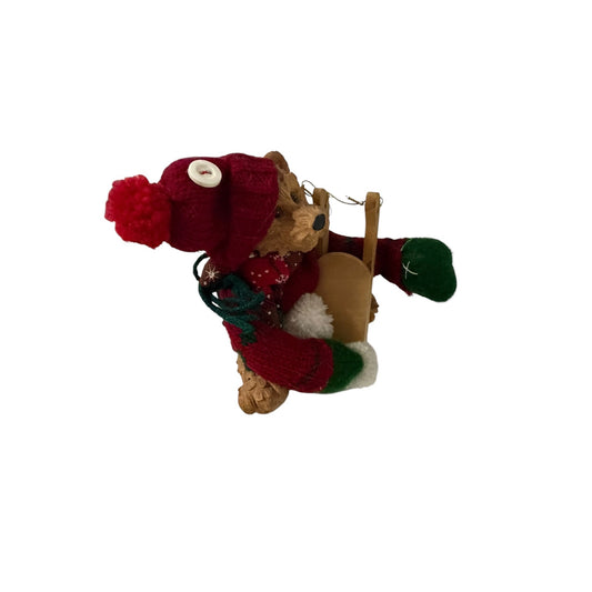 Vintage Christmas Teddy Bear Figure with Wooden Sled Resin Bear in Knit Sweater Hat Scarf Holiday Decor