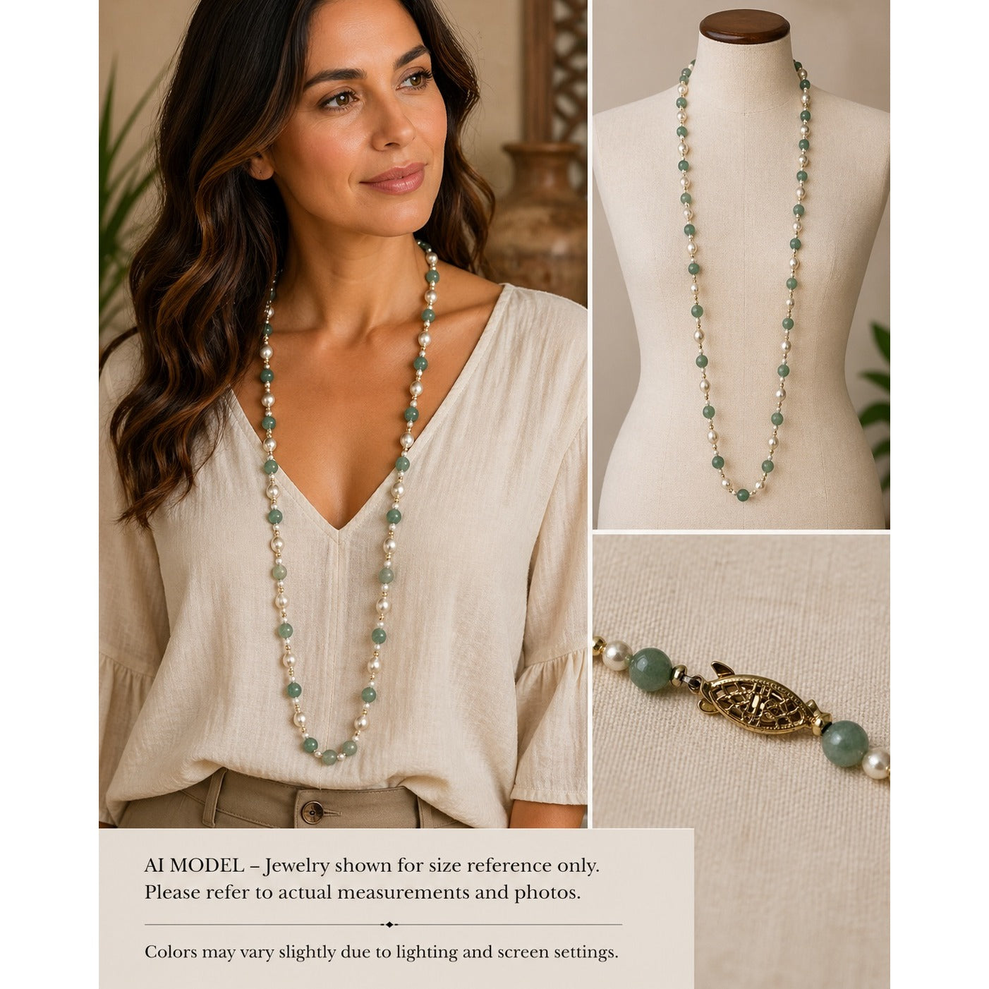 Vintage Pearl and Green Bead Necklace 28 Inch Strand Gold Tone Clasp Classic Elegant Jewelry