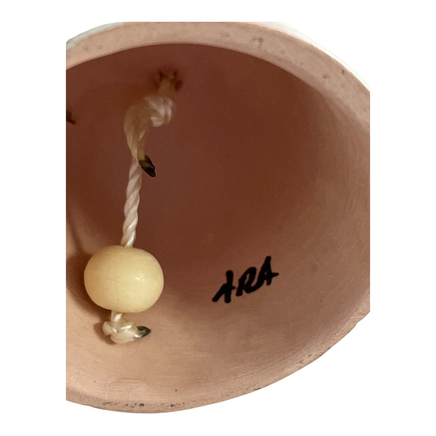 Hand-Painted Pueblo Clay Bell with Turquoise Accent & Feathers Signed ARA – New Mexico