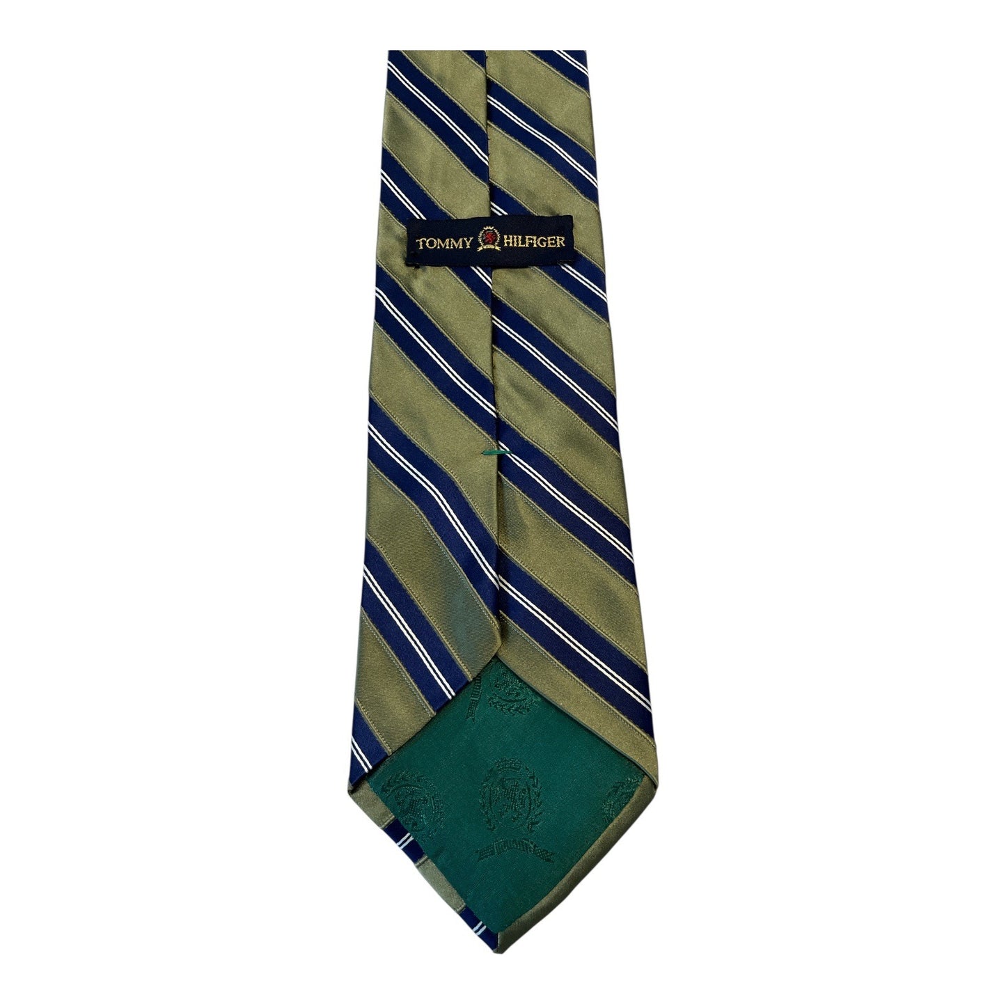 Tommy Hilfiger Striped Silk Tie – 57” – Olive Green & Navy Blue – Crest Logo – Made in USA