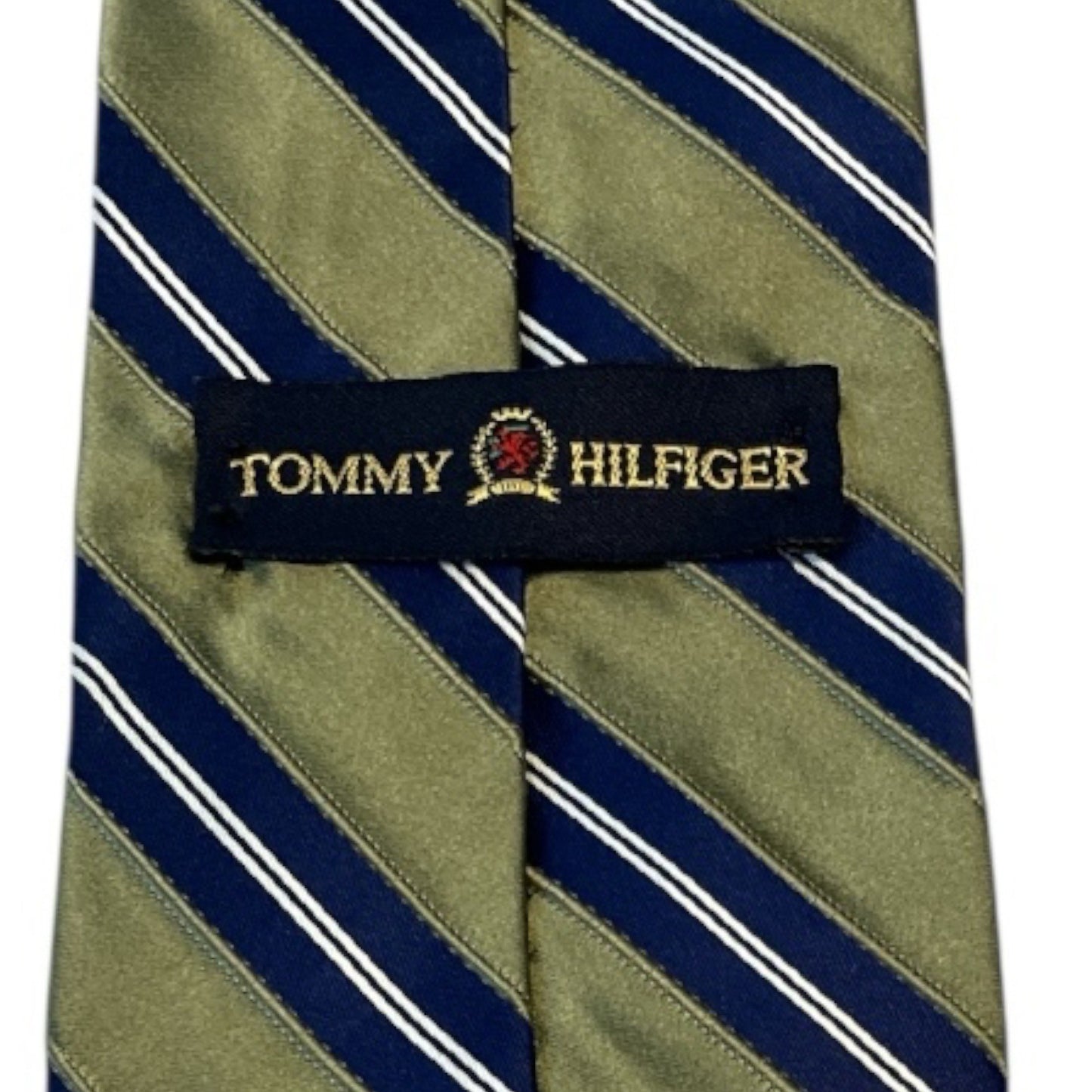 Tommy Hilfiger Striped Silk Tie – 57” – Olive Green & Navy Blue – Crest Logo – Made in USA