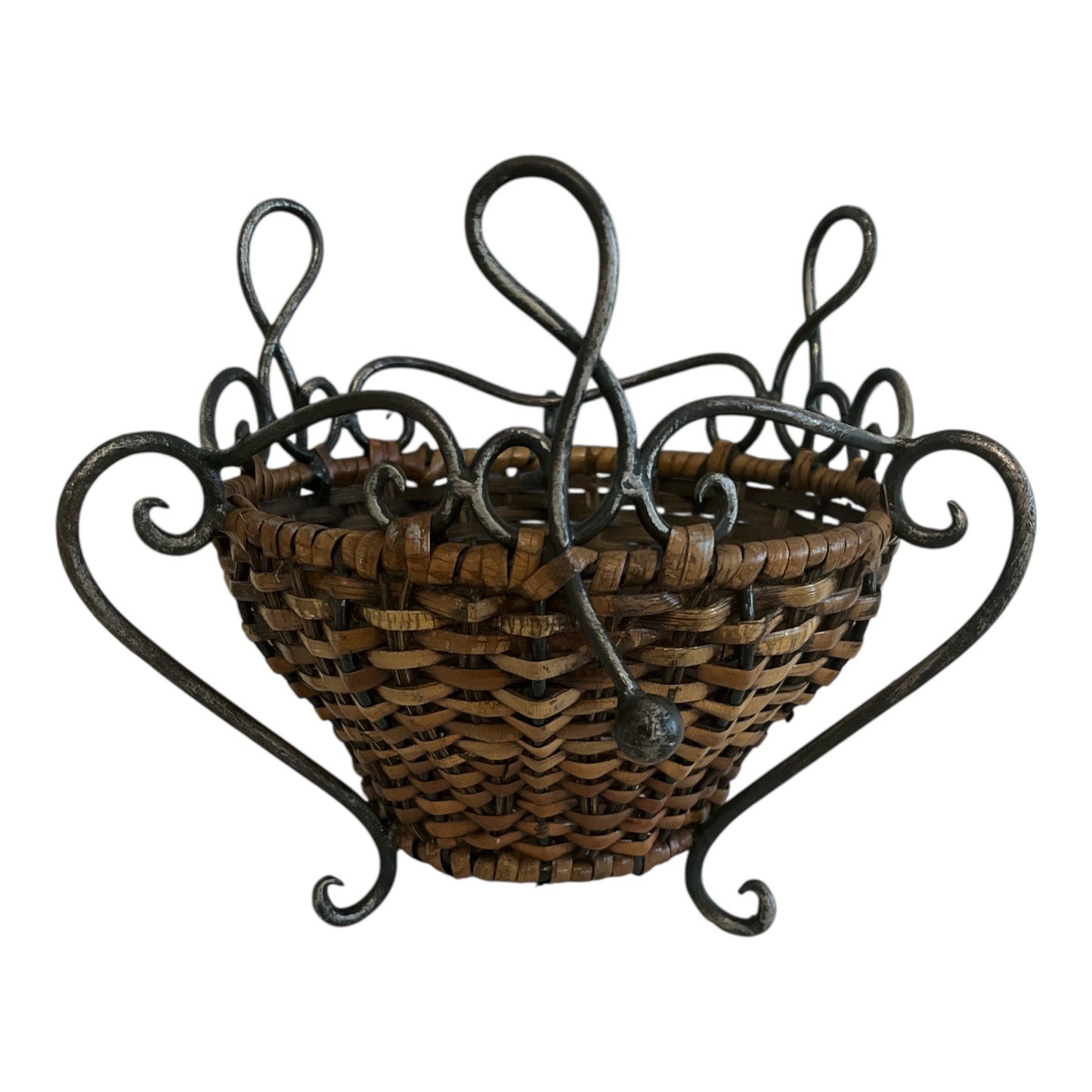 Vintage Wicker & Wrought Iron Basket – Rustic Farmhouse Storage – 8x7