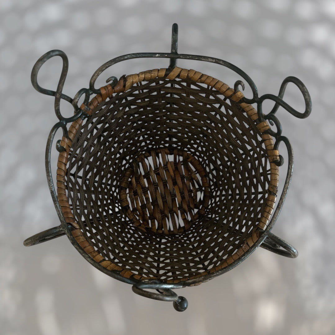 Vintage Wicker & Wrought Iron Basket – Rustic Farmhouse Storage – 8x7