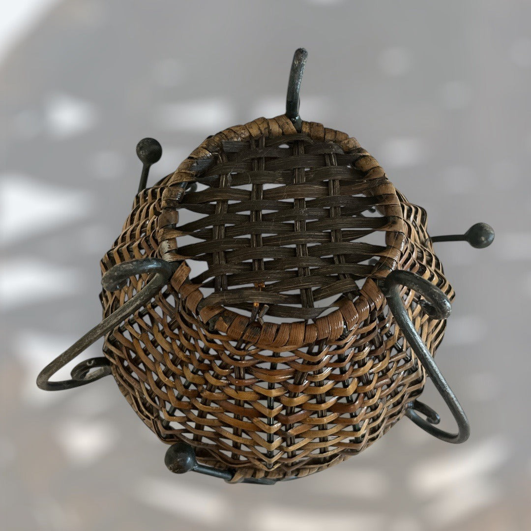 Vintage Wicker & Wrought Iron Basket – Rustic Farmhouse Storage – 8x7
