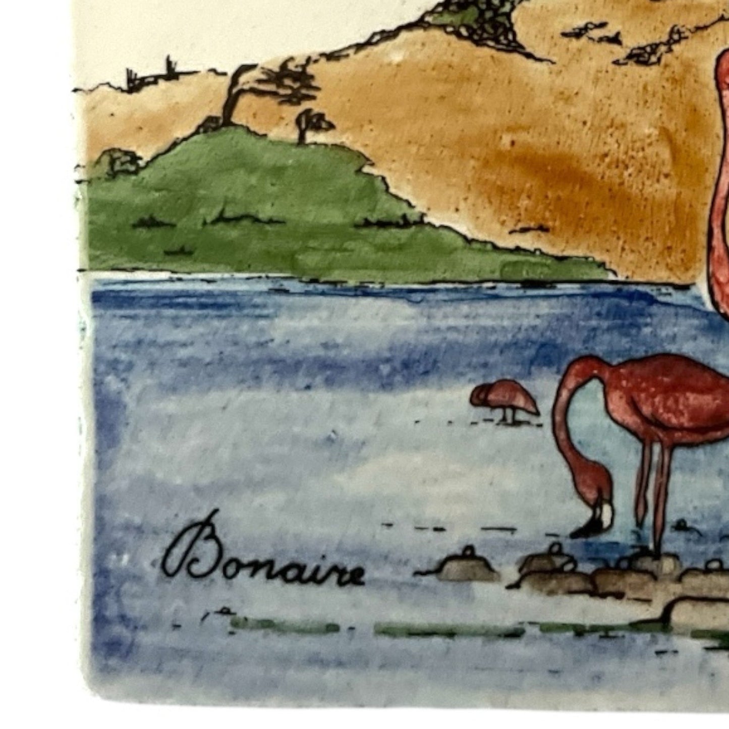 Vintage 1980s Bonaire Flamingo Wall Plaque – Hand-Painted Ceramic Tile – Caribbean Souvenir