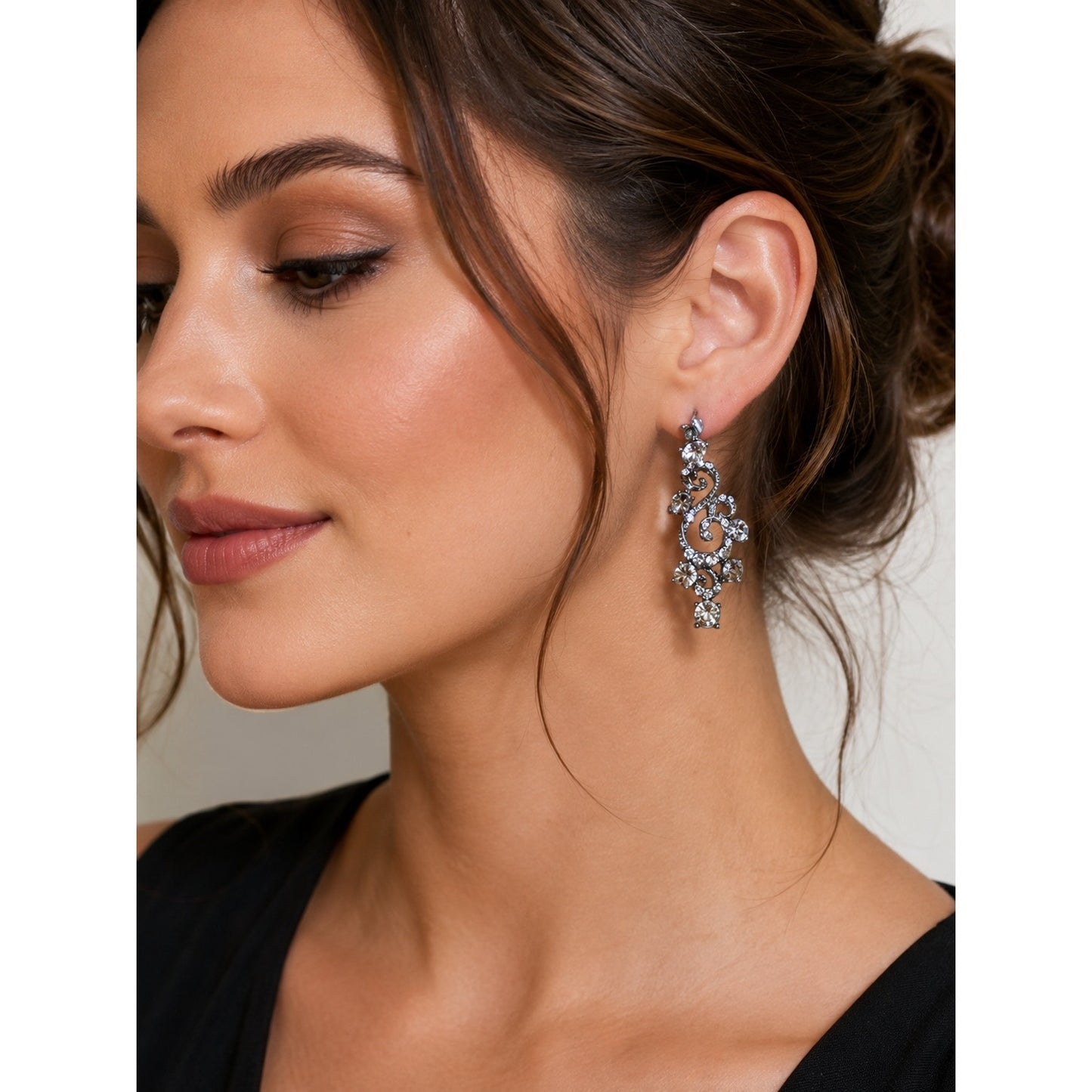 Vintage Rhinestone Scroll Dangle Earrings Silver Tone Openwork Statement Jewelry