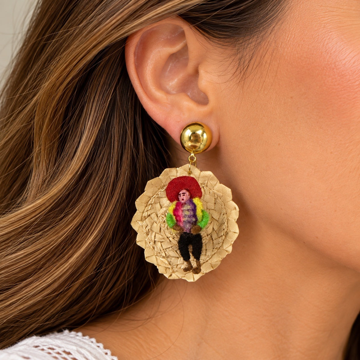 Vintage Mexican Folk Art Sombrero Clip On Earrings Miniature Couple Straw Hats