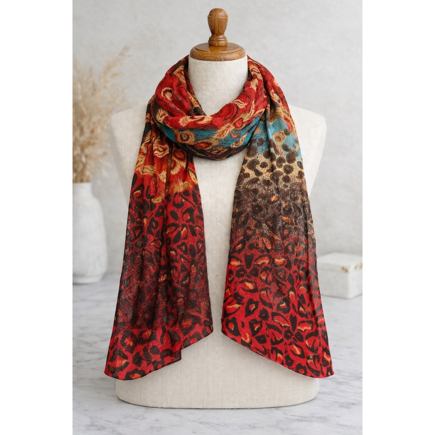 Joy Susan Feather Paisley Ombre Scarf Red Brown Boho Lightweight Wrap Mid-2000s