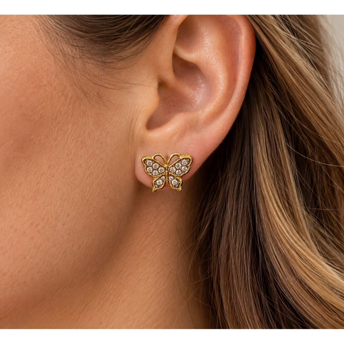 Vintage Gold Tone Rhinestone Butterfly Stud Earrings Openwork Wings